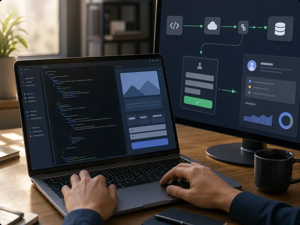 Developer workstation showing code and connected business workflow interface panels
