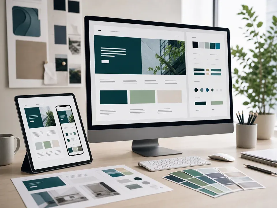 Design workspace with responsive website mockups, color samples, and interface components