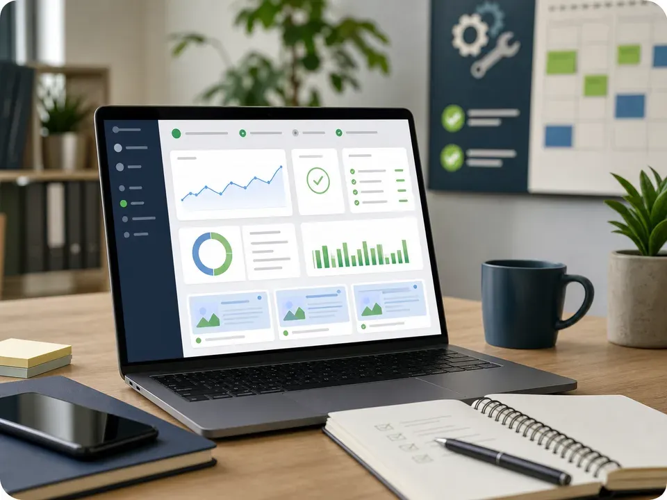 Website maintenance dashboard with analytics, content updates, and status checks