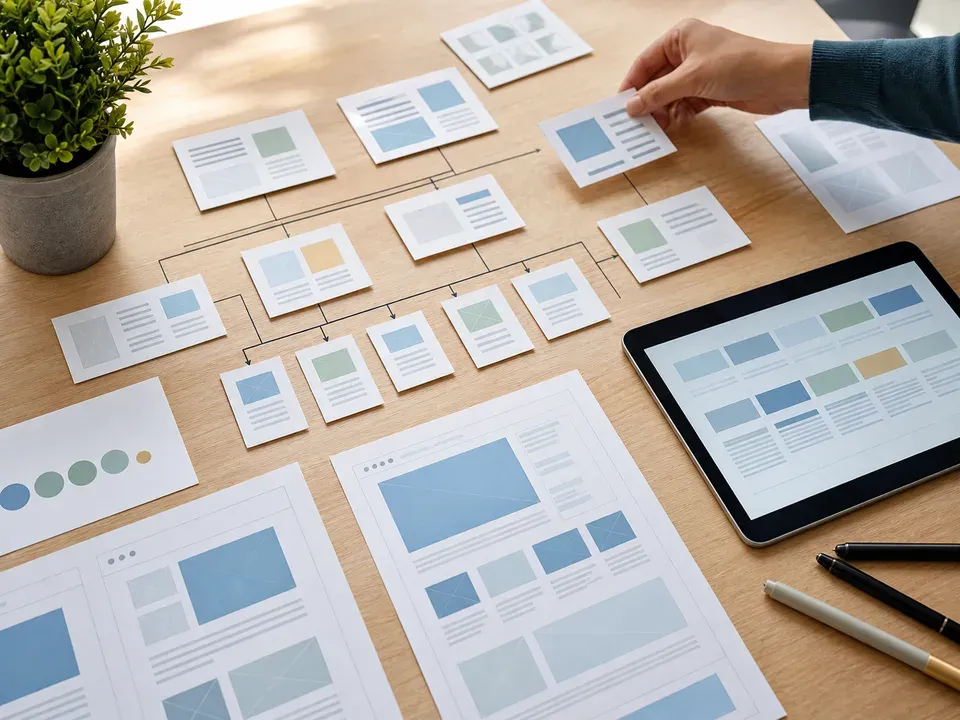 Website sitemap cards arranged on a desk beside wireframe sketches and a tablet