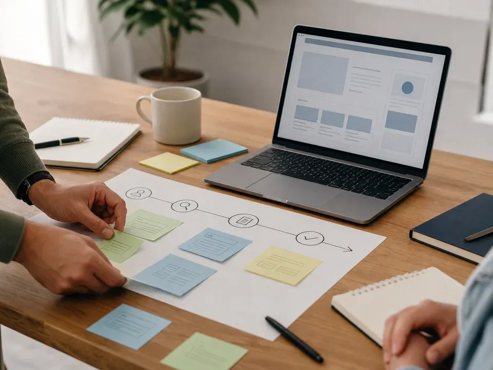 Discovery planning table with notes, wireframes, and a laptop showing a website outline