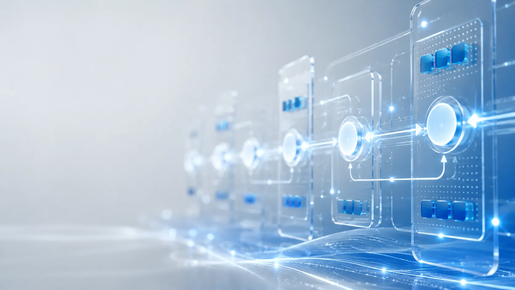 Workflow stages connected by glowing automated process lines