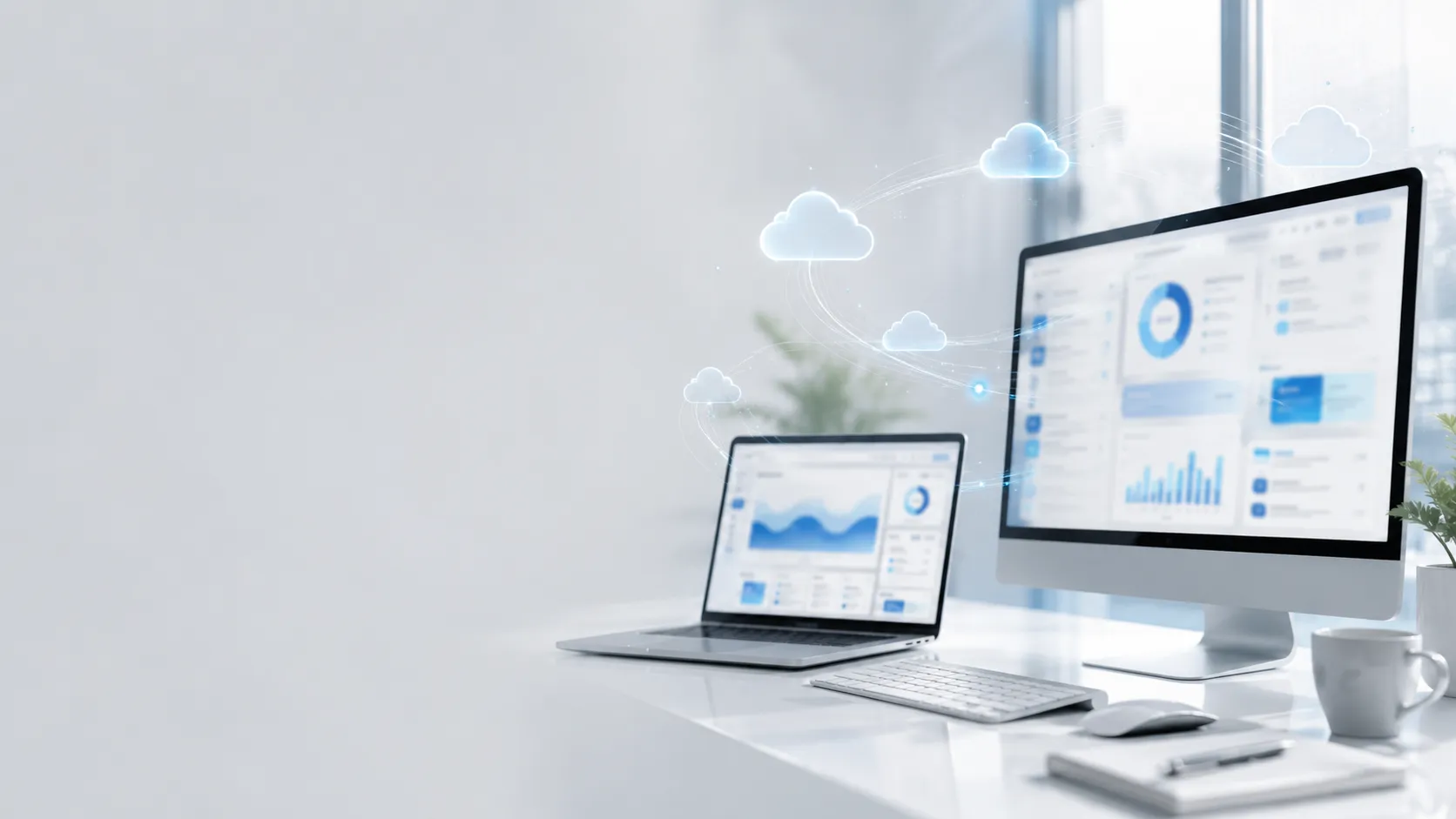 Workstation with dashboards syncing to floating cloud symbols
