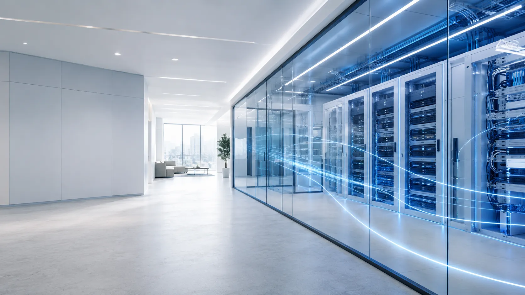 Modern office with a glass-walled server room connected by glowing network lines