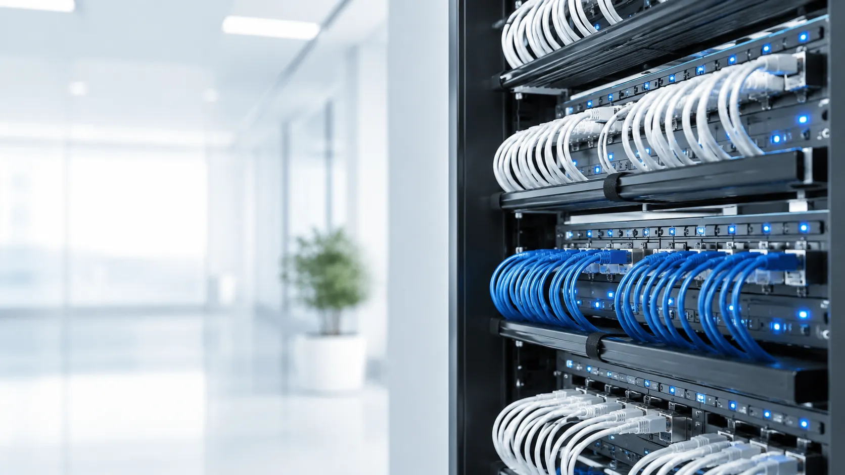Neatly organized network rack with structured white and blue cabling