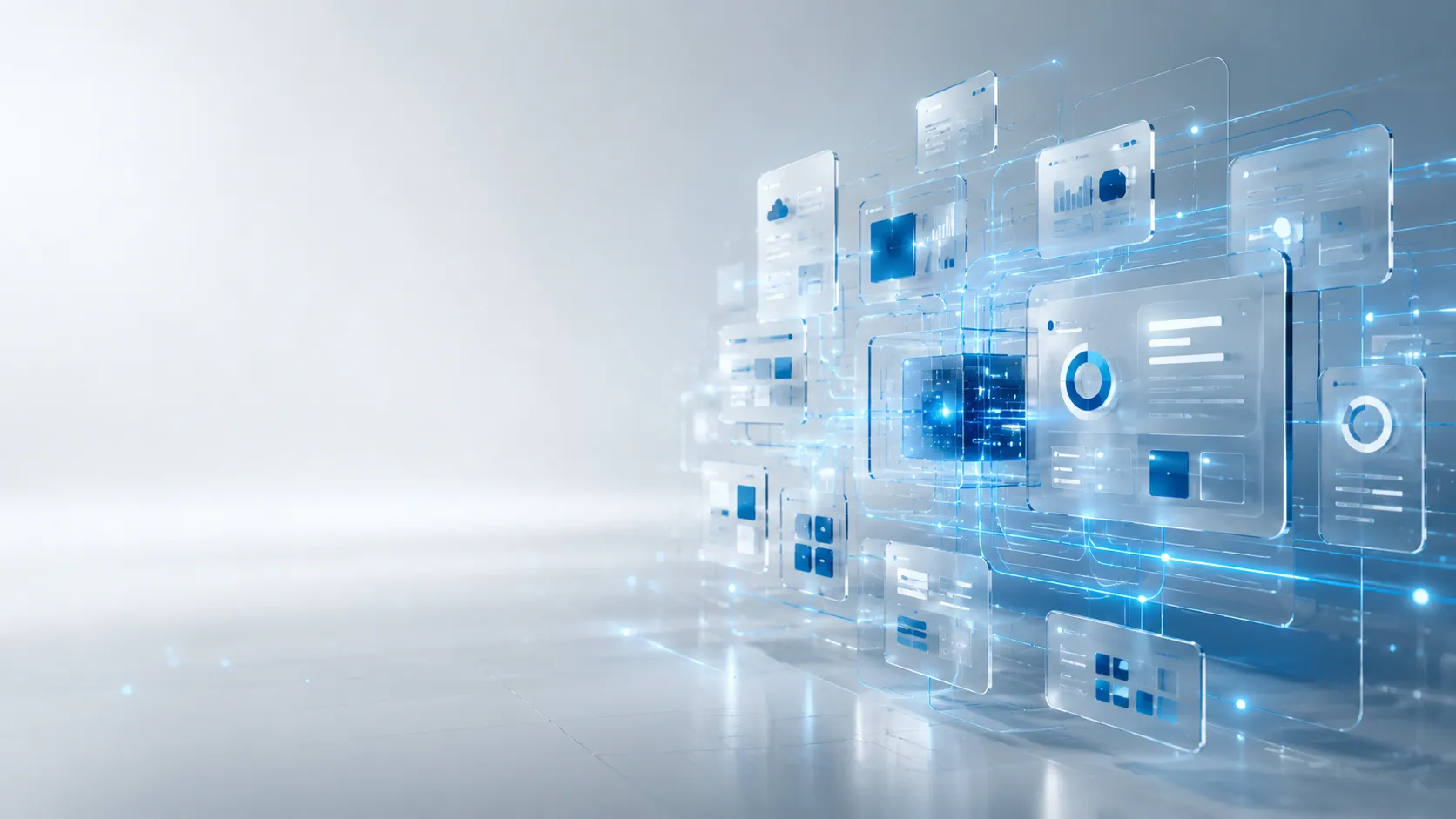Translucent interface panels linked by glowing data connections