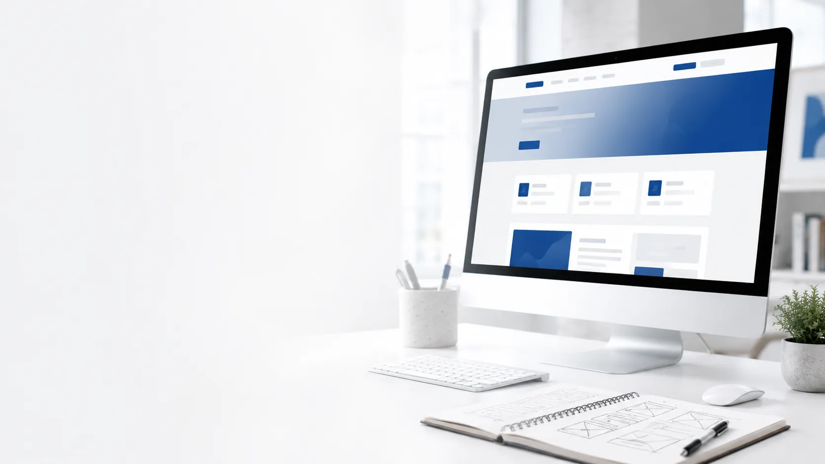 Monitor showing a clean website layout beside a wireframe sketchbook
